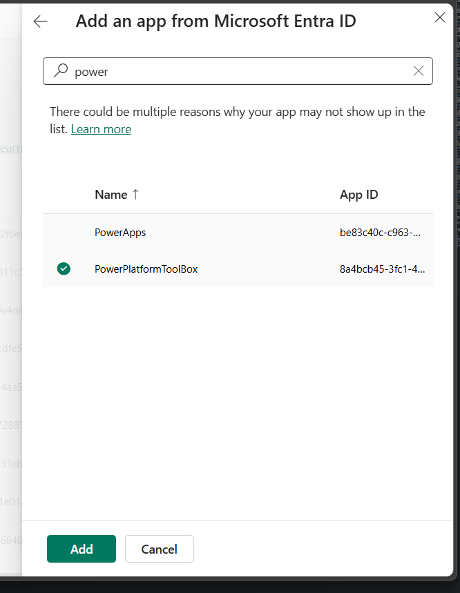 Power Platform Admin Add an app screen 2
